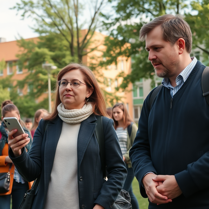 Lehrerin mit Smartphone und mehreren Personen vor Schulgebäude