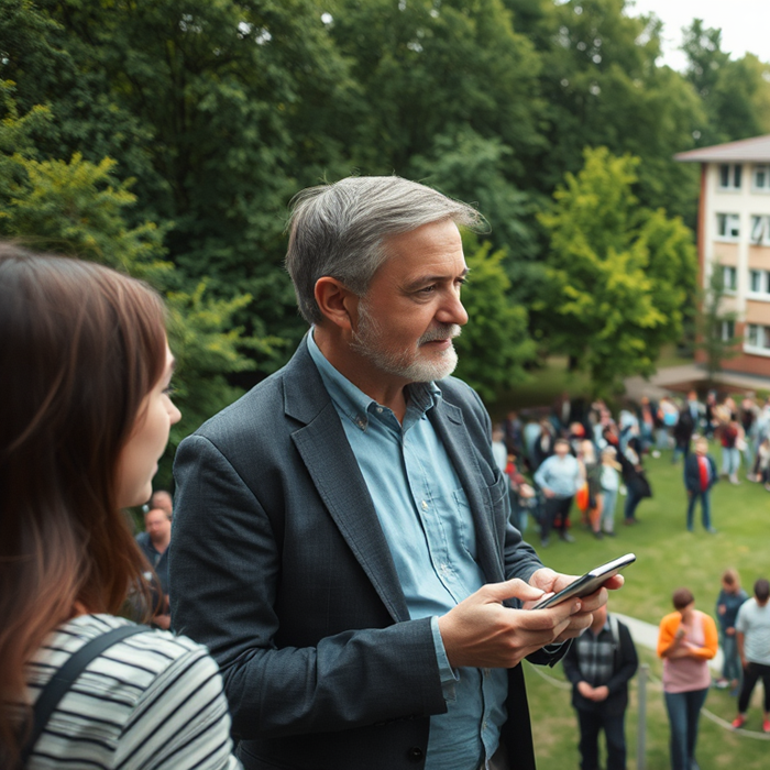 Mann mit Smartphone mit Kollegin und mehreren Schüler*innen vor Schulgebäude auf Wiese